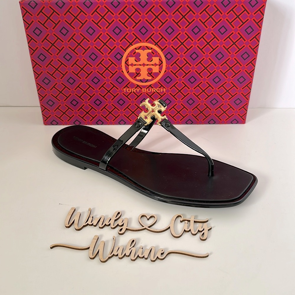 Tory Burch Black Patent Miller Thong Sandals with Gold Logo